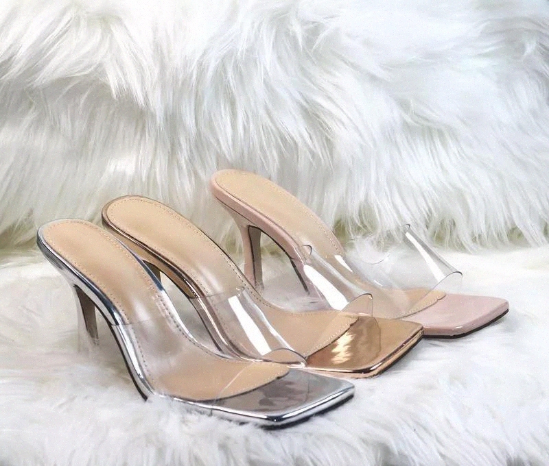 

2020 NEW Fashion Summer BLACK STONE SNAKE CLEAR STILETTO MULE HEELS Women Square head Shoes Transparent PVC Sandals Slippers #oY0r