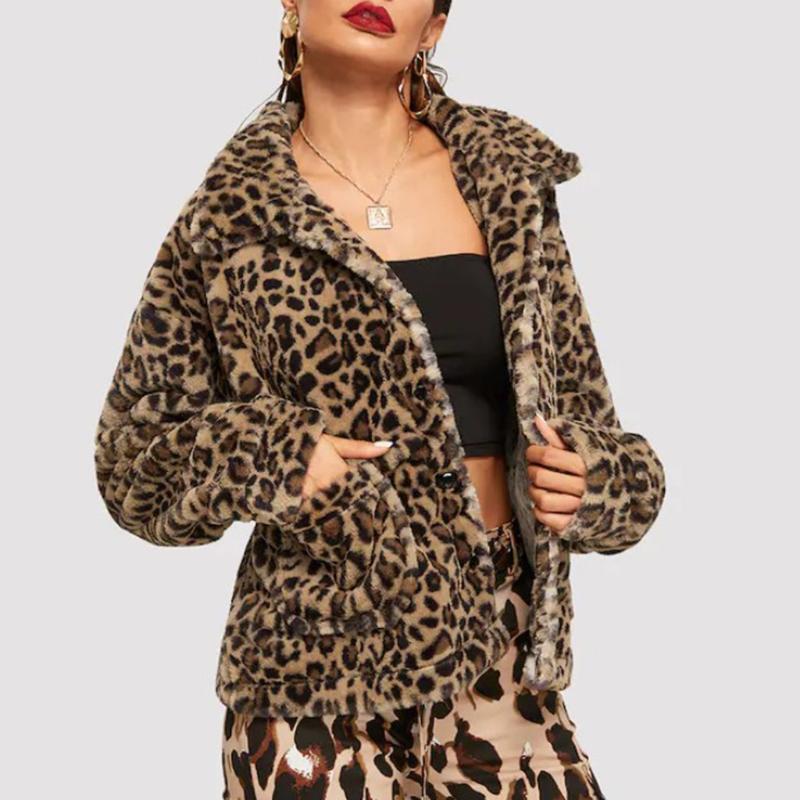 

2020 Women Faux Fur Coat Streetwear Autumn Winter Warm Plush Teddy Coat Long Leopard Print Luxury Fake Fur Jacket Coat#G30, Brown