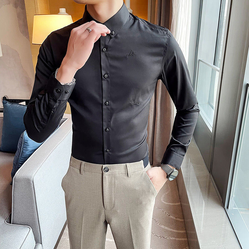 

New Men's 2021 Spring Winter Fine British Style Embroidered Letter Shirt Fashion Young Clothes M-5xl 2AY7, Black