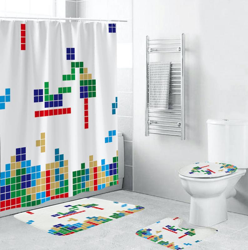 

Four-Piece Bathroom Mat Tetris Pattern Shower Curtain Floor Mat Toilet Bathroom Accessories