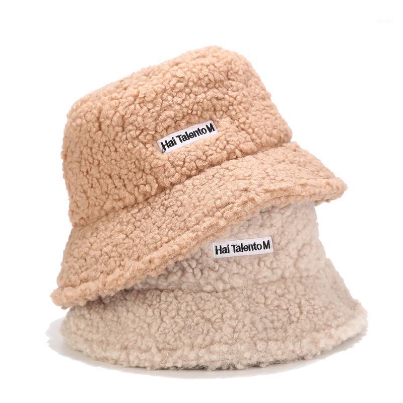 

Hat Women's Winter Teddy Velvet Fisherman Hat Korean-Style Red Letter Embroidered Bucket1, Light beige