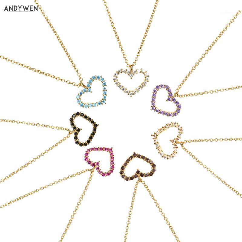 

ANDYWEN 925 Sterling Silver Zircon Colorful Rainbow Heart Pendant Long Chain Necklace Fashion Fine Jewelry For Women Wedding1