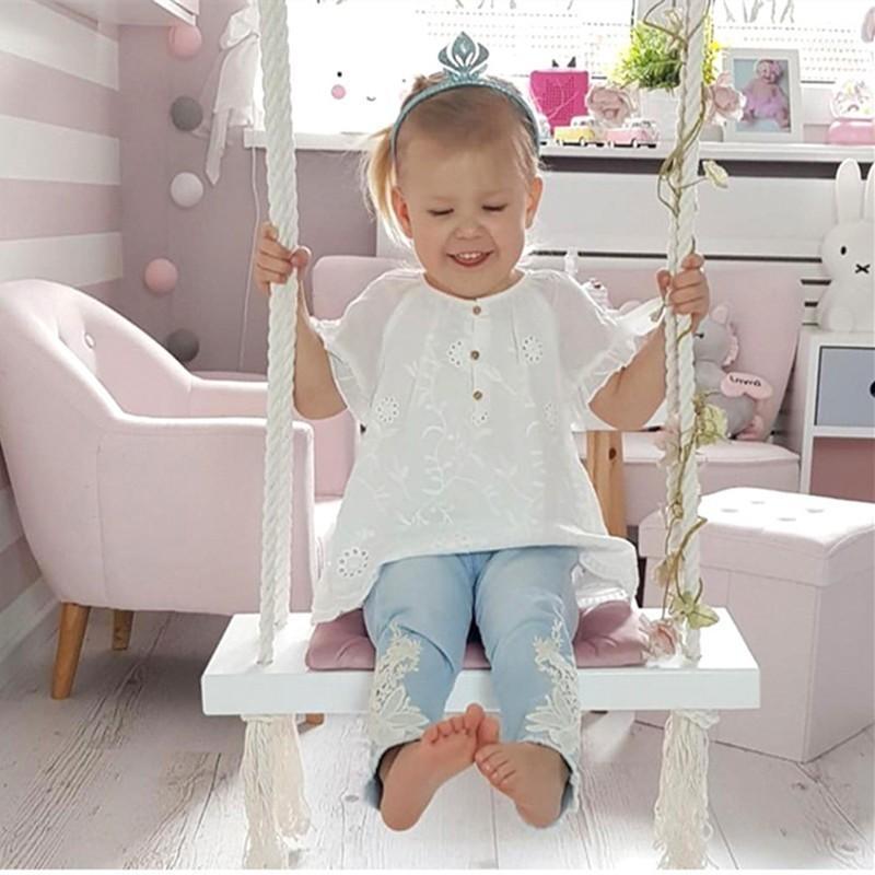 

Nordic style wooden swing outdoor garden bedroom children's swing solid wood seat with cushion safety baby room decoration Sale1