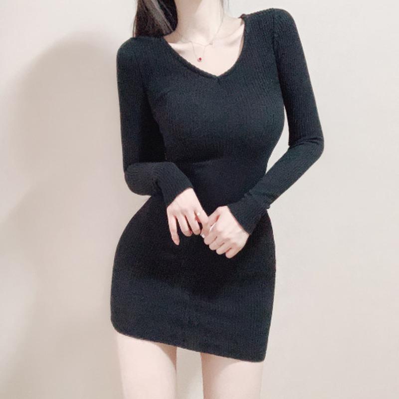 

Casual Dresses Robe Femme Sexy Autumn Winter Bottom V Neck Long Sleeve Black Knitted Dress Mini Wrap Hip Wild Vestidos Solid Fashion Slim, Black;gray