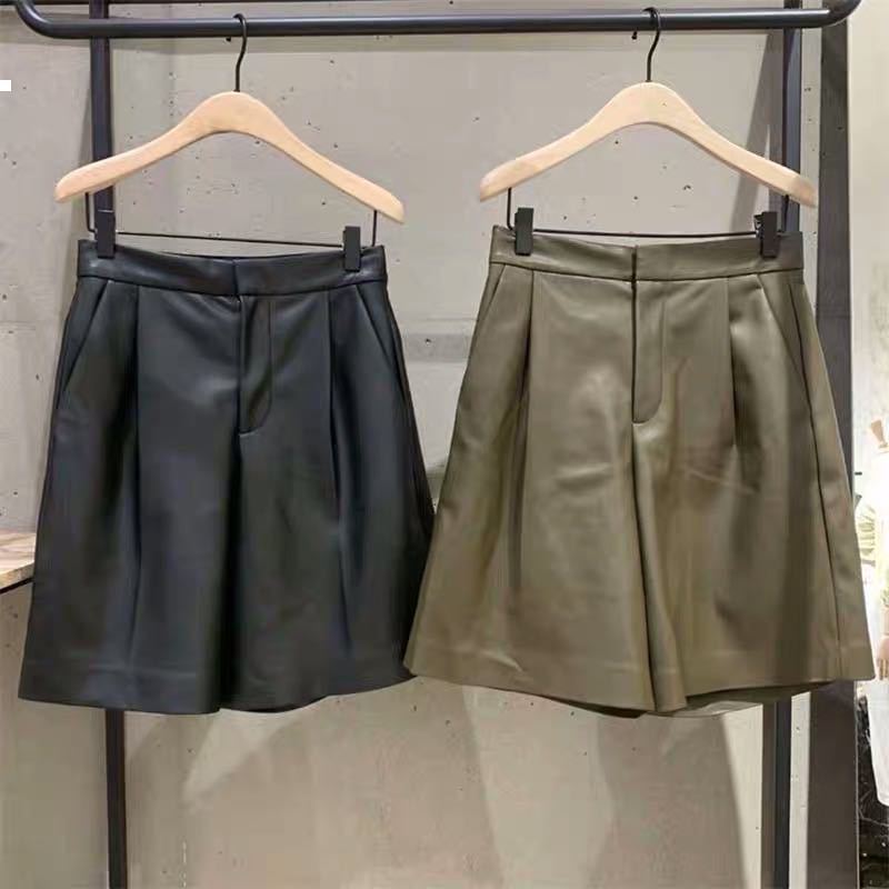 

New Beginning 2021 Autumn Black Short Leather Street Wear Vintage Woman Pants Wy52 ZTYY