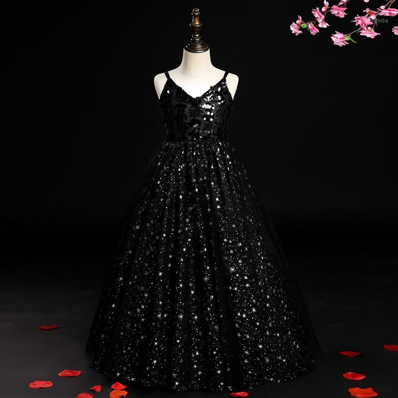 

Black Sequin Flower Girls Long Dress for Kids Ball Gown Wedding Dresses Princess Birthday Dress 2020 Children Runway N071