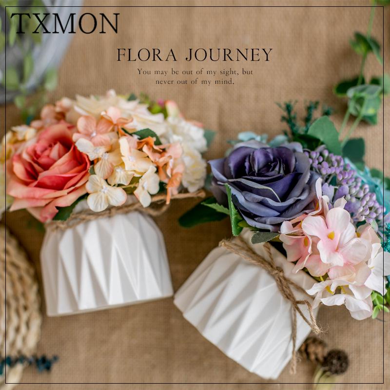 

Simulation plant potted home decoration wedding fake flowers pot Nordic silk artificial flower set ceramic rope vase rose peony