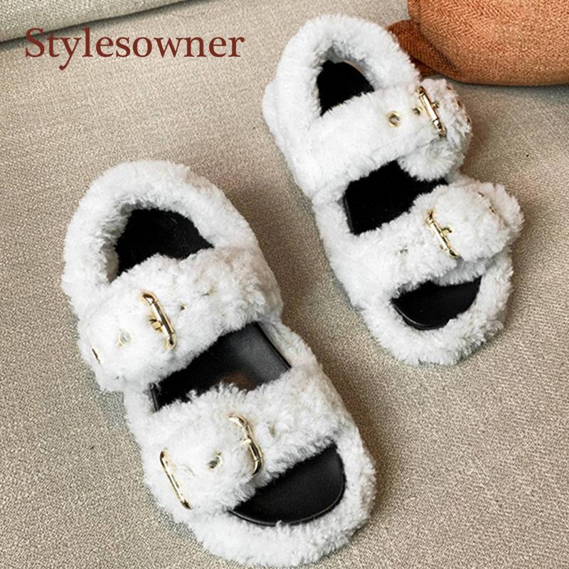 

Casual All-match Fur Shoes Autumn Winter Fashion Lazy Outside Wearing Metal Decoration Woman Sandals Comfortable Leisure Shoes, Black