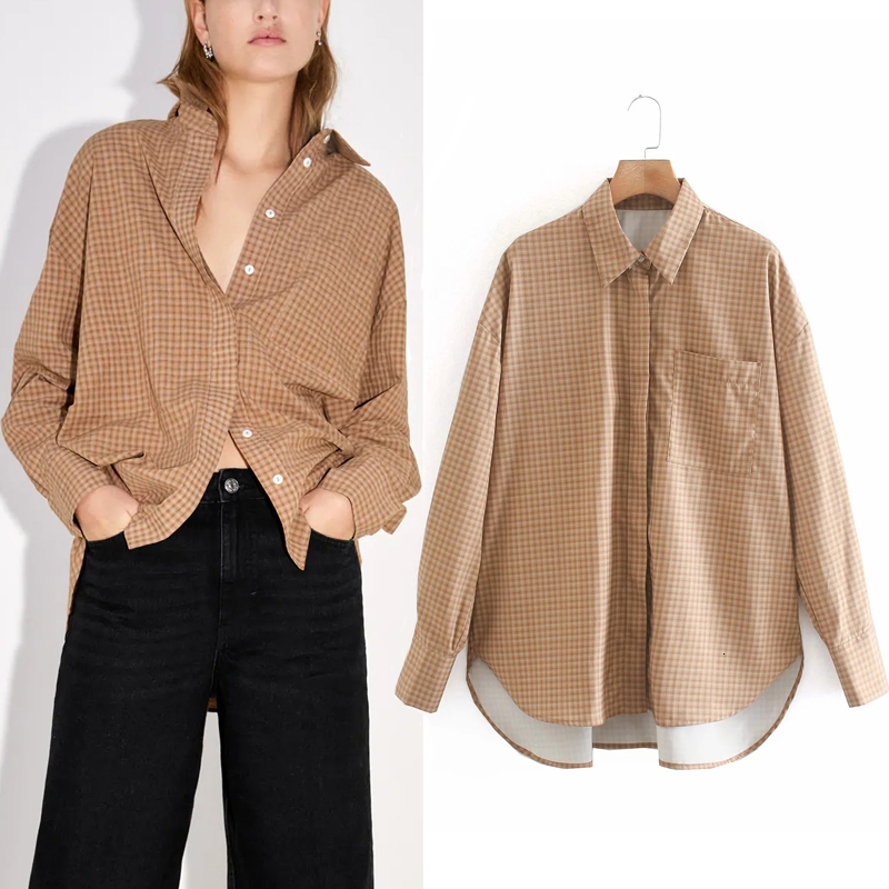 

2021 New Oversized Pliad Button Up Shirt Women Fashion Patch Pocket Collared Long Sleeve Top Woman Vintage Loose Casual Blouse Typk, Plaid