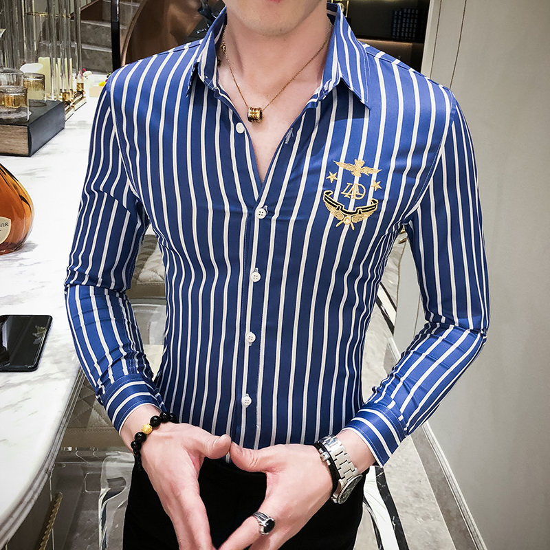 

2020 Formal Blouse Casual Clothes Tuxedo 3xl Fashion Men's Shirts Stripe Fall Thin Sleeve Long Social 2g7n, Blue