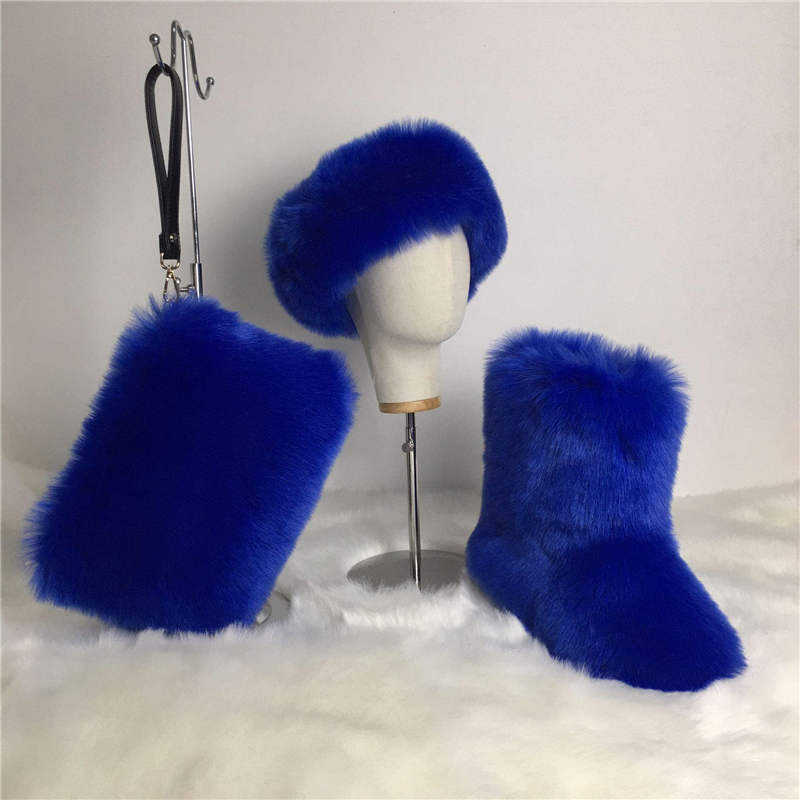 

Womens Faux Fox Fur Snow Boots Winter Warm Women Headdress Hairbands Luxury Ladies Plush Handbags High Boot 3pcs Sets