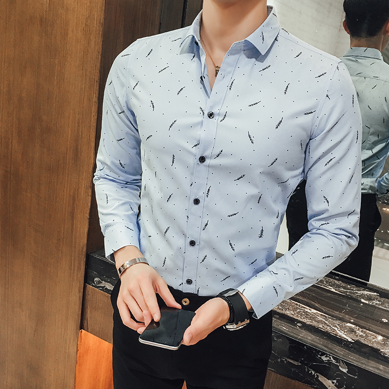 

2021 New Spring Autumn Casual Hommes Feather Print Slim Long Sleeved Business Men High Quality Formal Office Shirt 5rol, White