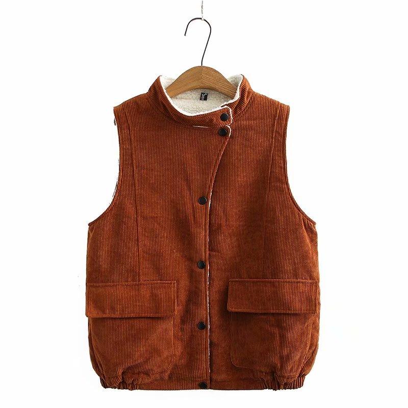 

Plus size Corduroy sleeveless fleece women loose vest 2021 new winter casual ladies big pockets jacket vests female tops, Brown