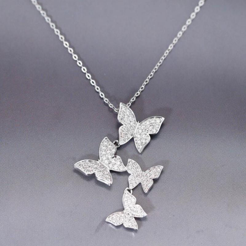 

Chains Trend Charming Dazzling Micro CZ Zircon Four Butterfly Pendant Necklaces For Women Gift Choker Jewelry SAN86, Silver