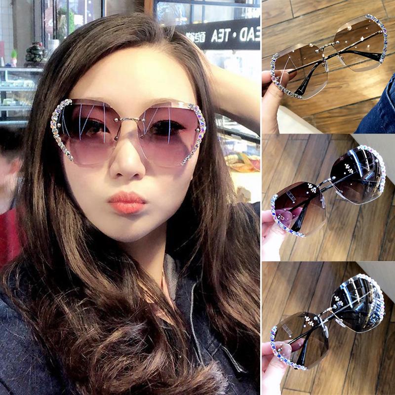

Oversized Classic Rimless Sunglasses Women Metal Diamond Cutting Lens UV Protection Gradient Shades Goggles Sunglasses