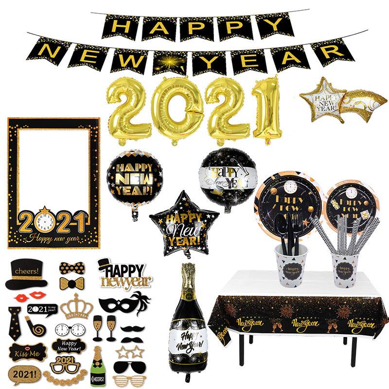 

Christmas Happy New Year Decoration Black Gold Tableware Number Balloon for Navidad 2021 New Year Christmas Party Home Decor