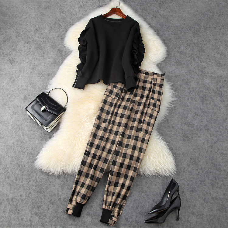 

European and American women's wear 2020 winter new style Long - sleeved flapped hoodie Plaid bloomers Fashion suits, Black