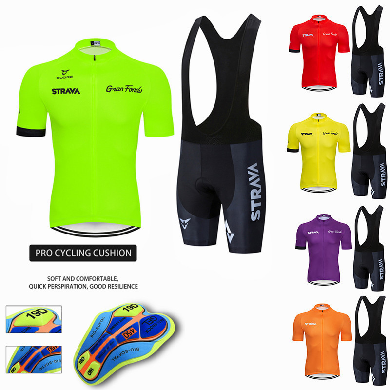 

2021 STRAVA Pro Team summer cycling Jersey set Bicycle Clothing Breathable Men Short Sleeve shirt Bike bib shorts 19D Gel pad, Black;blue