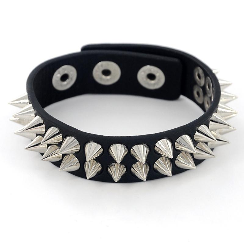 

New Gothic Delicate Cuspidal Spikes Rivet Cone Stud Cuff Black Leather Bracelets & Bangles Punk Bracelet For Women Men Jewelry