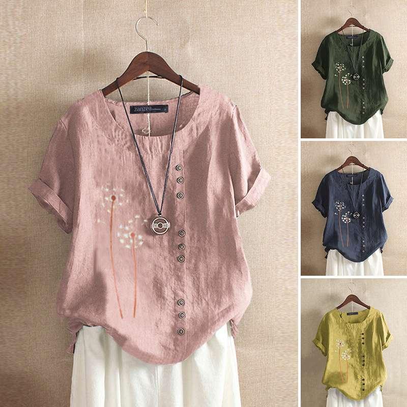 

2020 ZANZEA Vintage Print Blouse Women' Patchwork Tops Casual Summer Short Sleeve Shirts Female Floral Blusas Plus Size Tunic, Army green