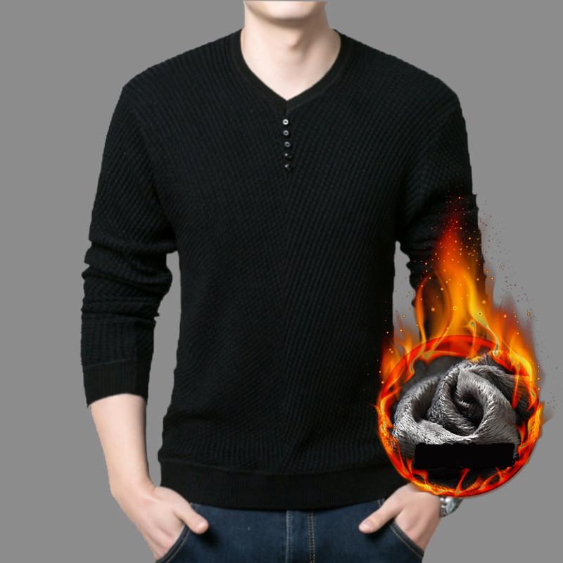 

2020 Autumn Winter Basic Comfortable V-neck Men Cotton Pullover Fashion Long Sleeve Clothes Knitted Casual Male Sweater, Black