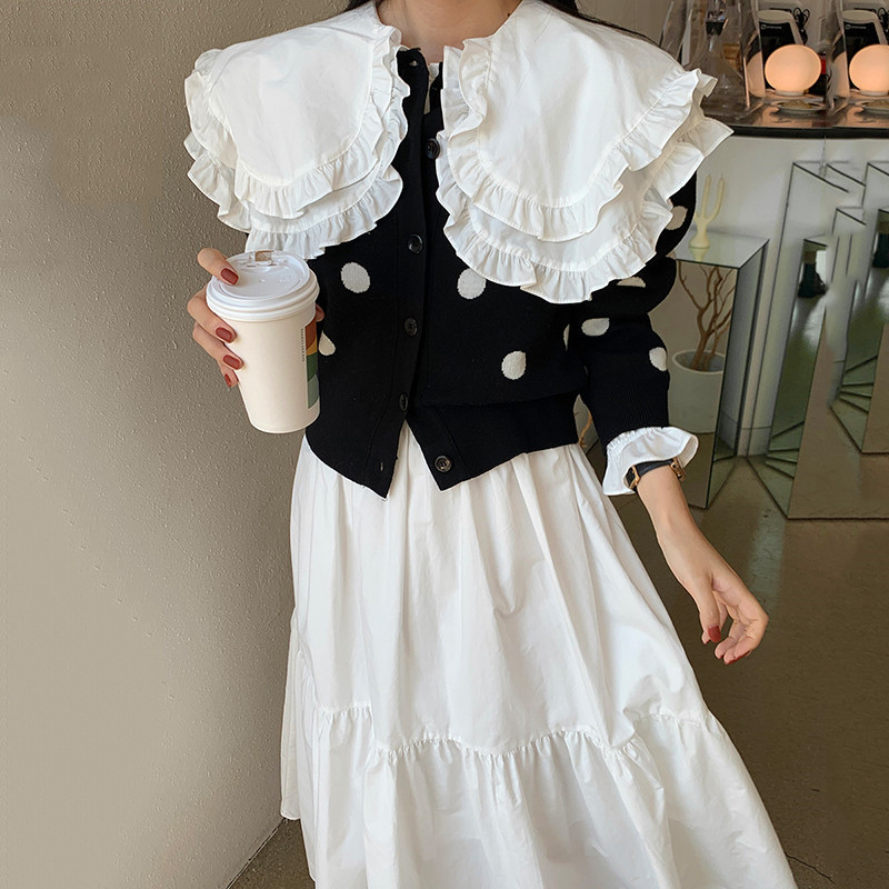 

2021 New Female Vintage 2 Sets Kawaii Style Suits Two Pieces White Dress Short Sweater Chic Skirt and Upper Set Clothes 434M, Only black sweater