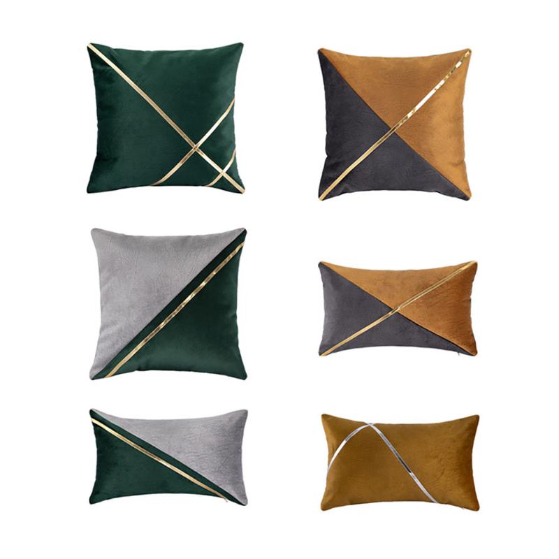 

Modern Velvet Faux Leather Lumbar Pillow Case Geometric Stripes Pillowcase Rectangular Cushion Cover, 02