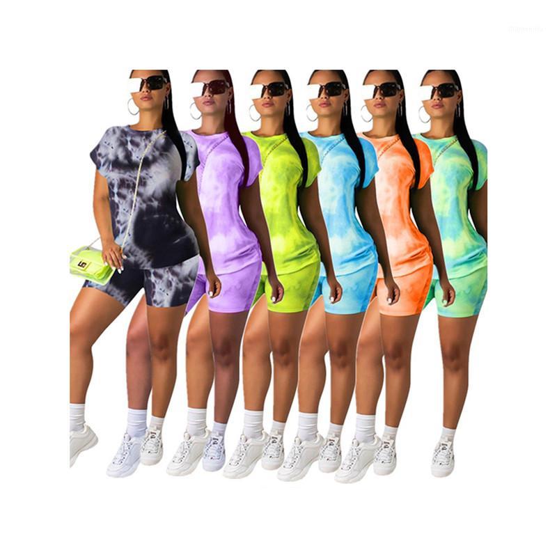 

Female New 2020 Clothing Sets Tie Dye Print Short Sleeves Tops Shorts Yoga Set Female Casual 2pcs Tracksuit Fitness Sports Suit1