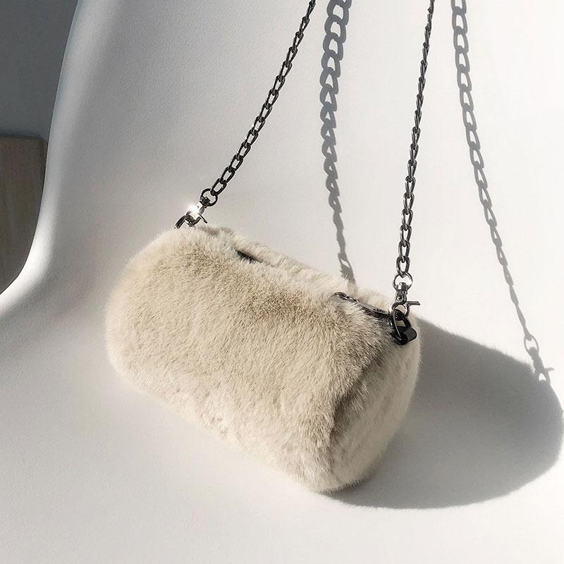 

Sweet Lady Cylindrical Crossbody bag 2021 Winter New Quality Soft Plush Women's Designer Handbag Chain Shoulder Messenger Bag, Beige