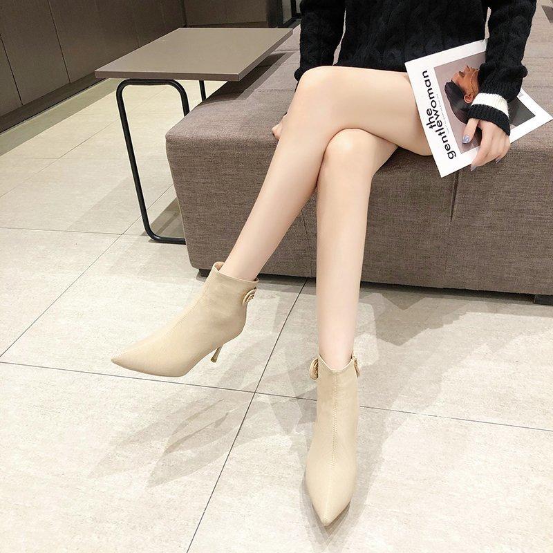 

Super High Heel Boots Women Shoes Pointed Toe Ankle Boots Metal Buckle Sexy Stiletto Heel Short Women Kobiet Buty, Black
