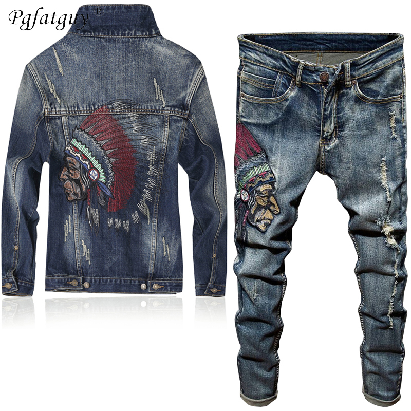 

Autumn Winter New Fashion Embroidered Indian Jeans Sets Men's Stretch Jeans + Slim Casual Denim Jacket Vintage Two Pieces Sets 201202, Jacket and jeans