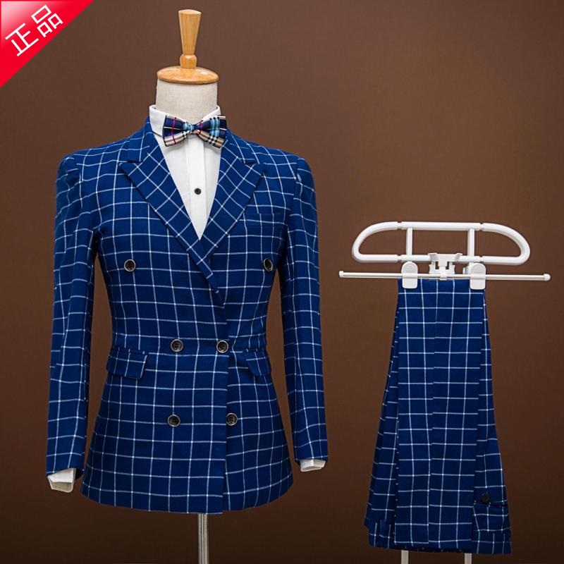 

Slim casual plaid double-breasted suit Fashion Custom Men suits jacket + pants slim blue grid men's Blazers groom wedding dress, Navy