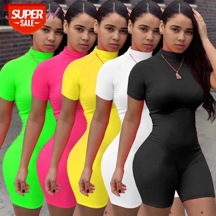 

Casual Neon Short Sleeve Mock Neck Party Clubwear Summer Jumpsuit Women High Elastic Sportwear Outfit Playsuit Rompers Fitness #F56C, Black;white
