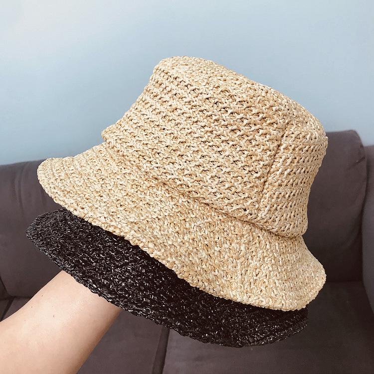 

Spring Summer Simple Casual Wild Folding Fisherman Hat Straw Hat Crochet Flat Top Fashion, Black