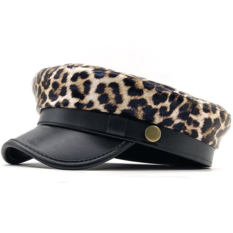 

British style women casual faux leather octagonal hats Berets Ladies solid leopard printing artist cap Gorros, Black