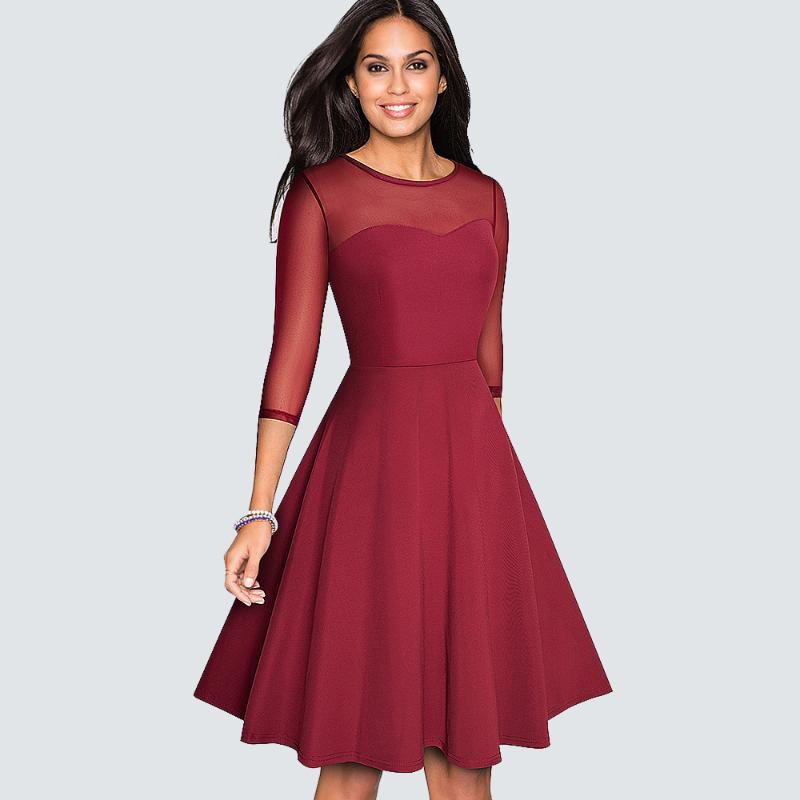 

Autumn Sexy see-through Brief Black Elegant dress Vintage Patchwork swing A-Line dress HA170, Dark red