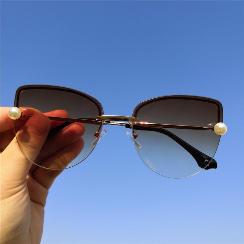 

Sunglasses 2021 Cat Rimless Pearl Retro Women Brand Designer Trendy Gradient Polygon Sun Glasses Female UV400 With Box FML