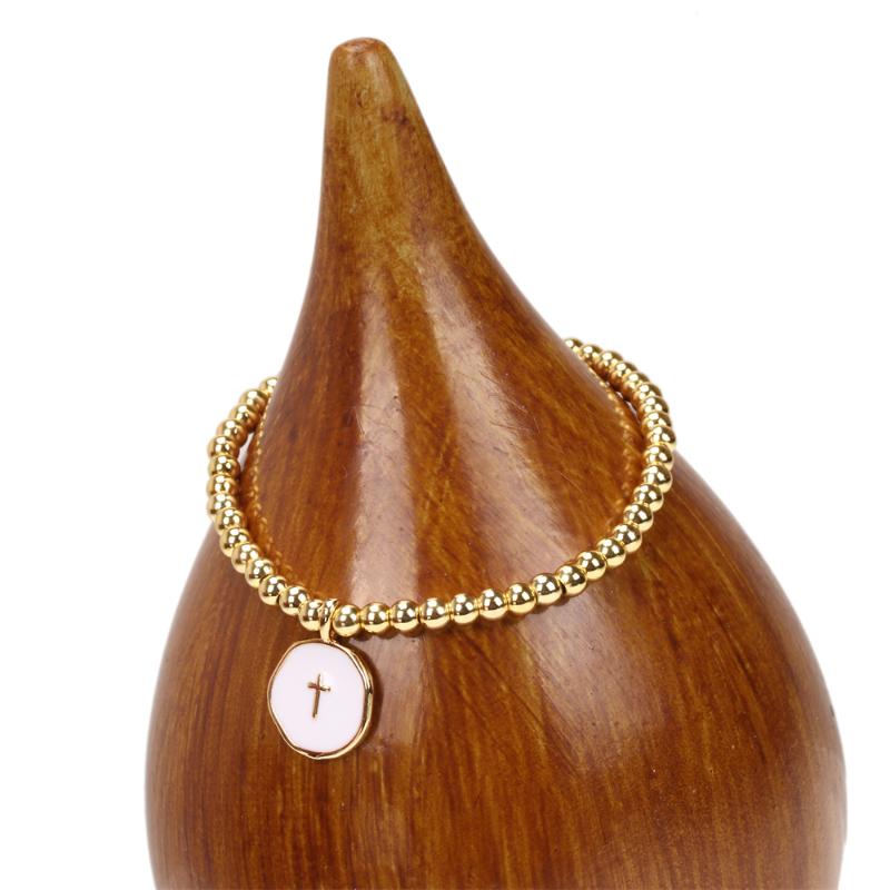 

Charm Bracelets EYIKA White Enamel Round Cross Charms Gold Plated Beads Elastic Bracelet For Women Fashion Thin Wrist Strap Religious Jewelr