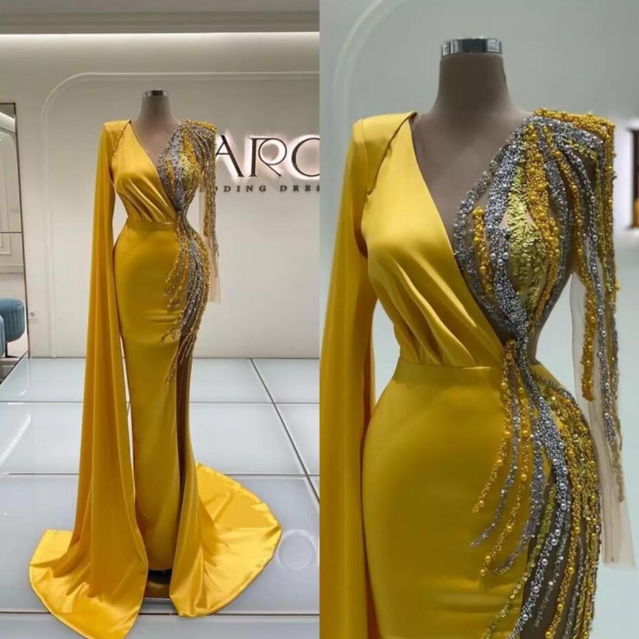 

Bright Gold Satin Mermaid Prom Dresses with Long Sleeve Crystal Beaded v-neck Arabic Dubai Evening Gown robes de soirÃ©e jaune VOG343, Black;red