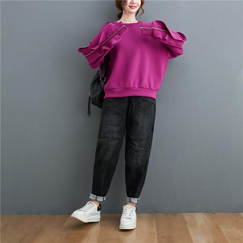 

Autumn Winter 2020 New Ruffle Zipper Stitching Solid Color Sweatshirt Large Women'S Long Sleeve O Neck Bottoming Shirt Warm Top, Black