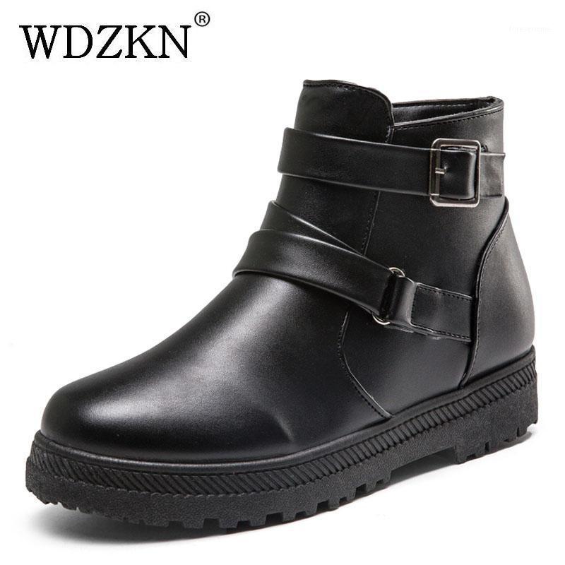 

WDZKN Fashion 2020 Women Snow Boots Winter Warm Flat Shoes Side Zipper Women Ankle Boots Female Plush Botte Femme Big Size 35-441, Black
