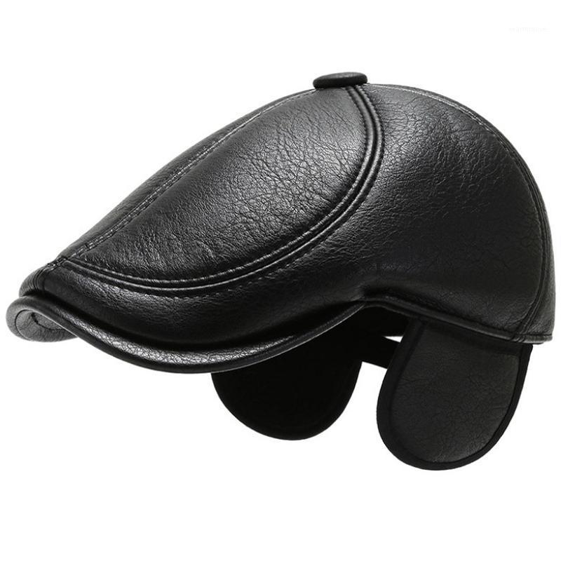 

HT3351 Beret Man PU Leather Beret Cap Adjusted Octagonal Newsboy Cap Autumn Winter Hats with Earflap Artist Painter Hat Flat1, Black