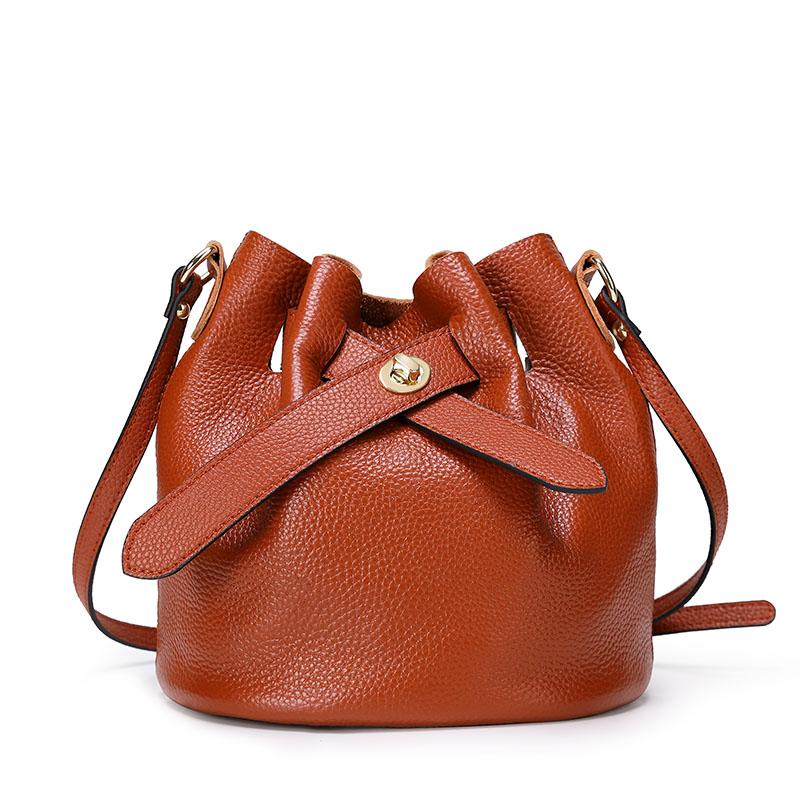 

High Quality Solid Color Women Genuine Leather Mini Bucket Handbags Female Shoulder Crossbody Bags Women's Small Bag, Black