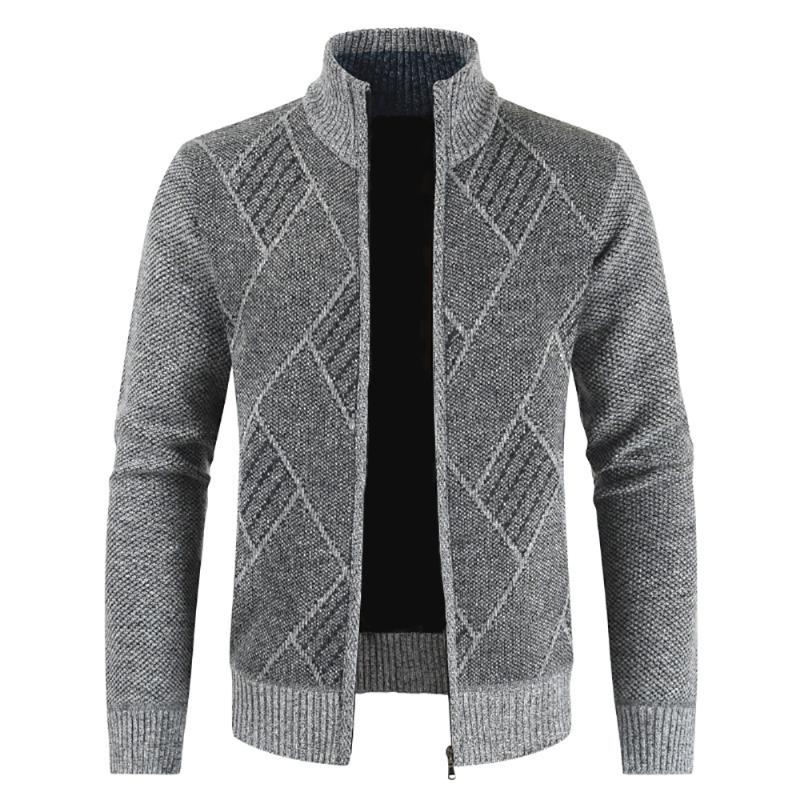 

Cofekate Men Clothing Casual Men Stand Collar Striped Slim Knit Cardigan ropa para hombre Male Geometric Pattern Sweater Coat, Dark gray