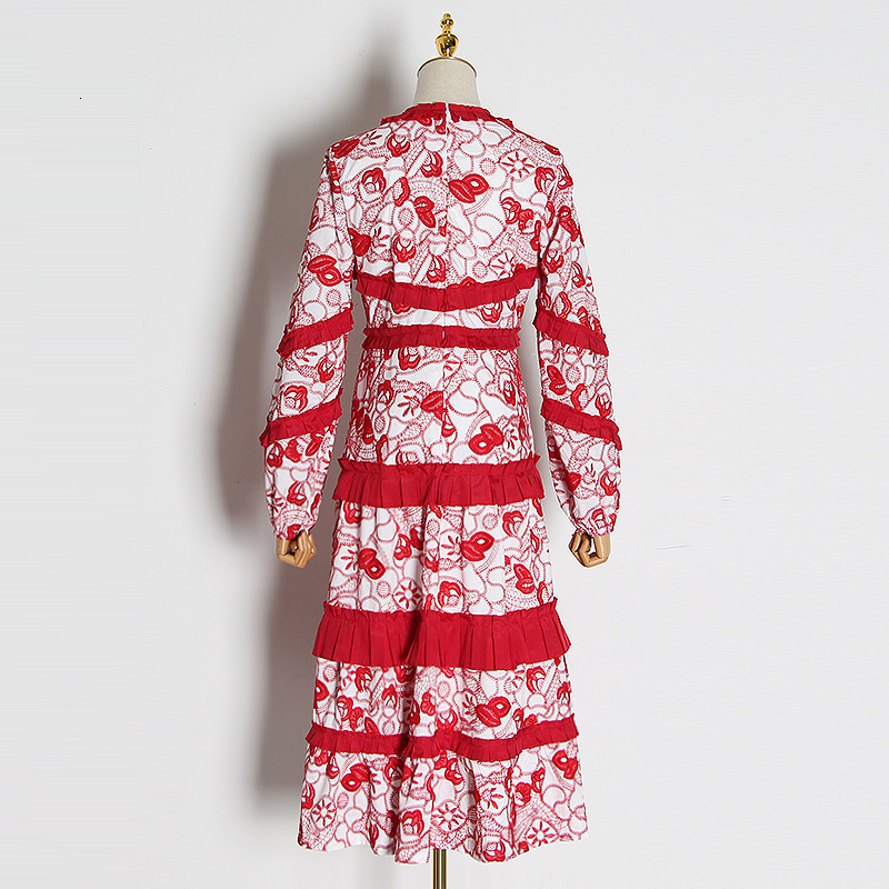 

New Spring Dressed As a Woman's Cut Floral Embroidery with V-cleavage Vintage Runway Dress Girls in Fine Fashion Dresses Swry, Red