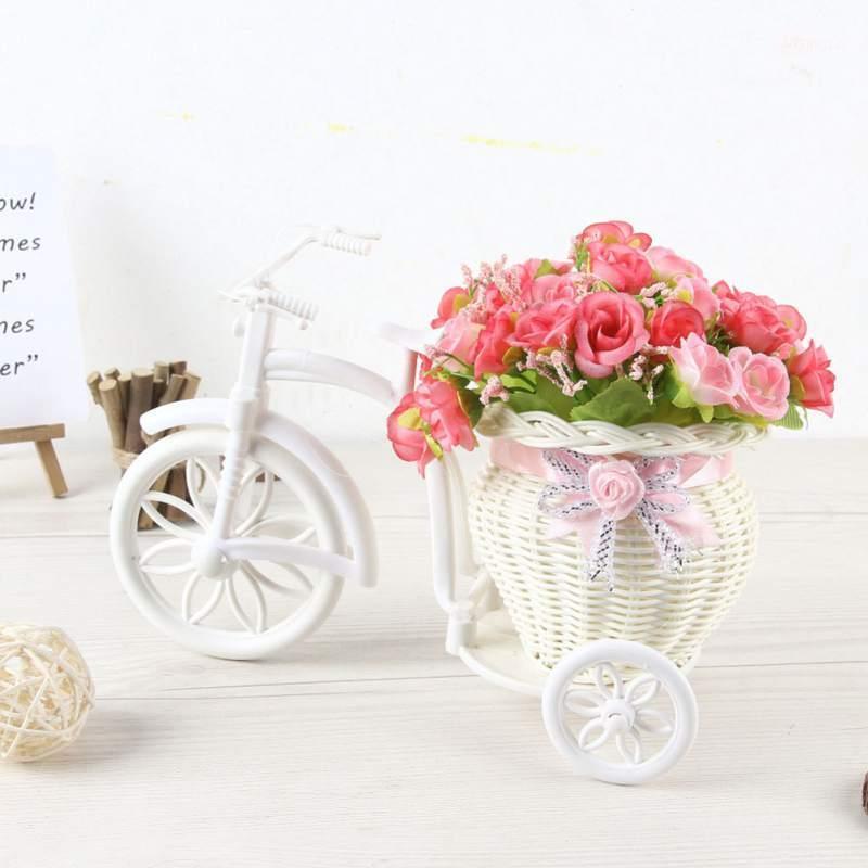 

Artificial Flower and Wheeled Tricycle Basket with Bowknot Bonsai Set Home Decor Props for Living Room Office Gift1, Green