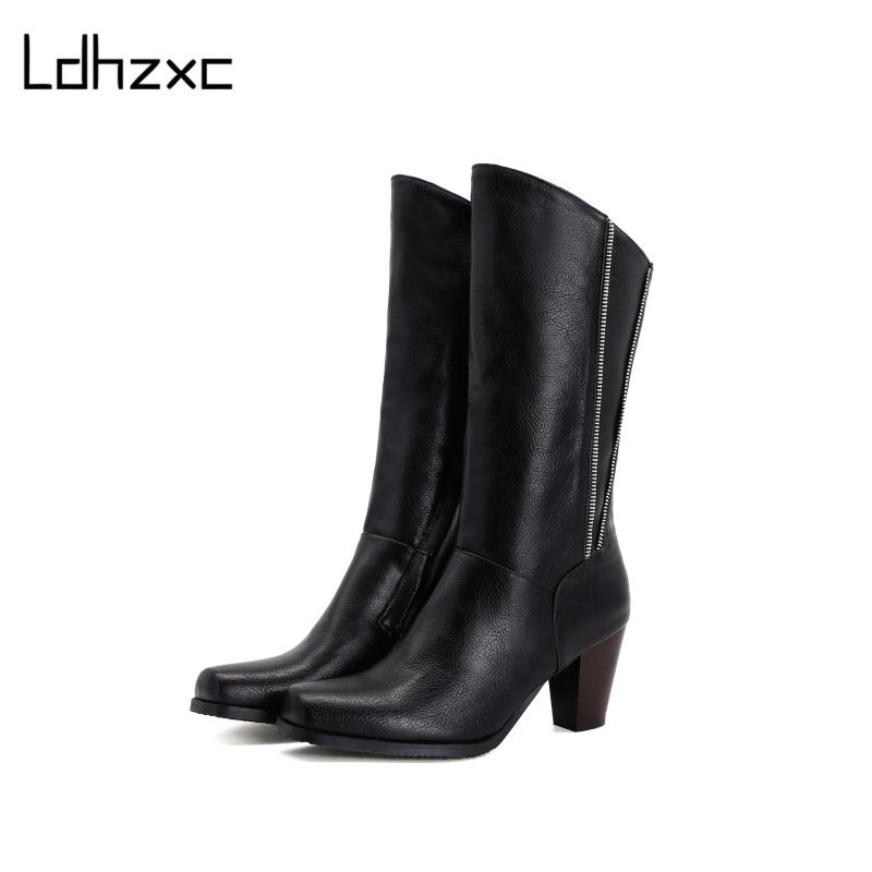 

LDHZXC 2020 Patent Leather mid calf Boots Women Women's High Boots Block Heels Platform Long Shoes Ladies size 42 43, Black