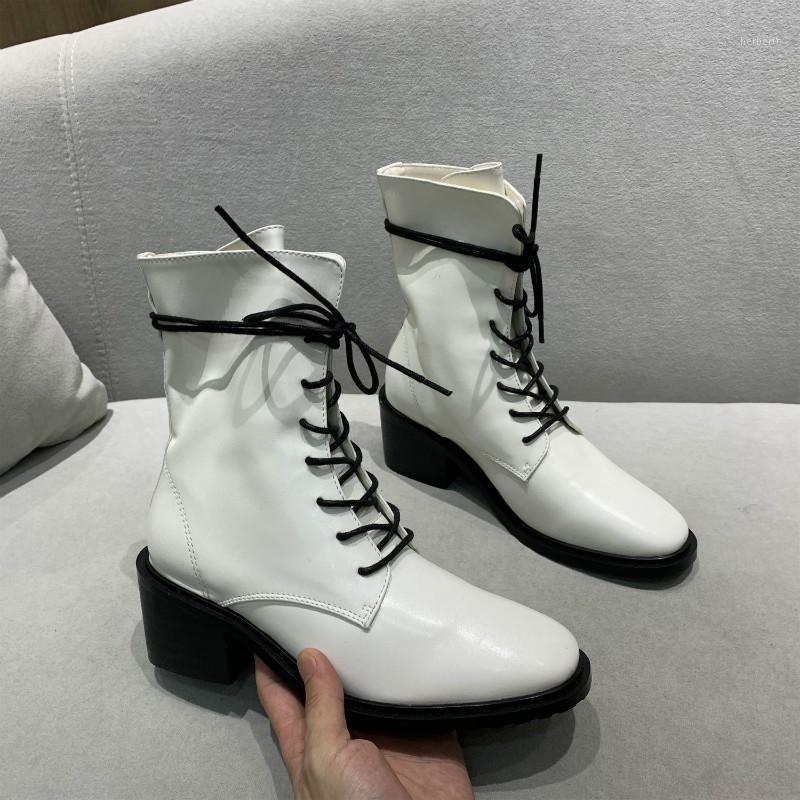 

MONMOIRA Lace up Cross-tied Boots Women Mixed Colors High Heel Boots Women Round Toe Motorcycle1, Black