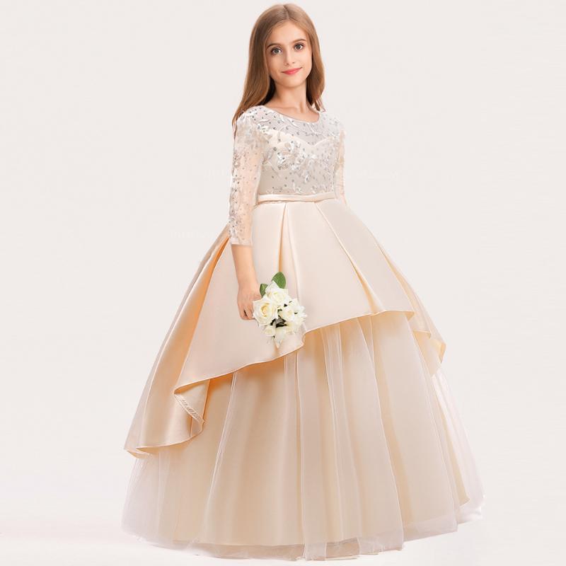 

2020 Girl Wedding Dress Rhinestone Long-sleeved First Communion Formal long Lace Pageant Christmas Princess Prom Dress Costume1, As picture