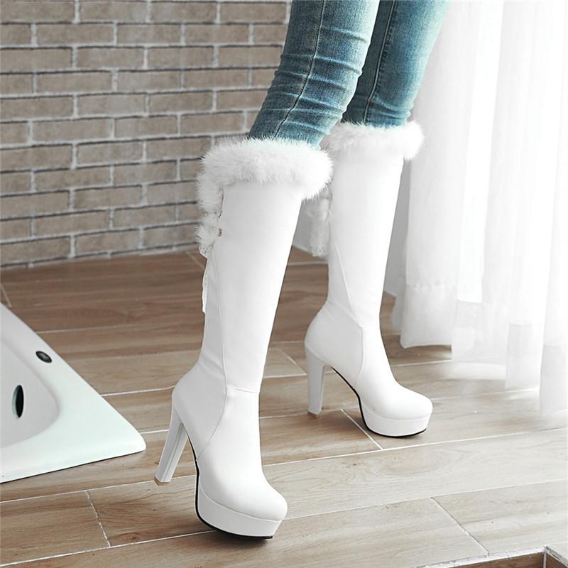 

2021 women boots thick high heels ladies knee high boots fashion solid color winter office female White black, 3 short plush